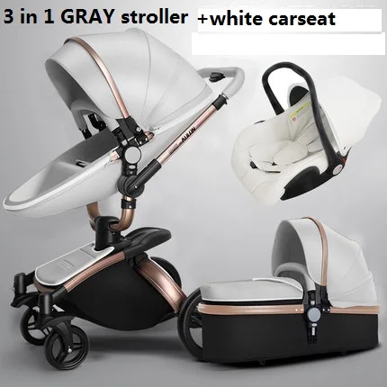 3 in 1 grey-white Aulon babyfond искусственная кожа 360 градусов вращения детская коляска, kinderwgen, 3 в 1 система путешествия сиденье с люлькой детская коляска - Цвет: 3 in 1 grey-white