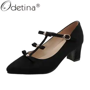 

Odetina Women Fashion String Bead Buckle Strap Bow Party Shoes Lady Sweet Faux Suede Block High Heel Non-slip Retro Casual Shoes
