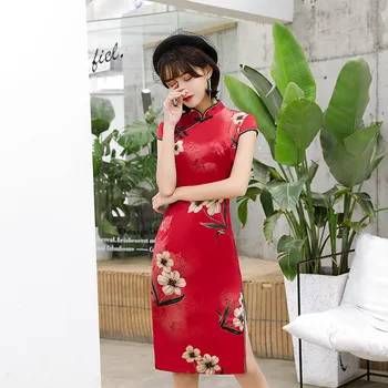 

Summer Print Flower Cheongsam Elegant Women' s Handmade Button Dress Short Sleeve Knee Length Sexy Short Dress Plus Size M-XXXL