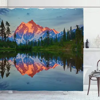 

Shower Curtain Set with Hooks for Bathroom 72x72 States Mount Baker White Reflected Blue View Lake Reflection USA Snow Tree
