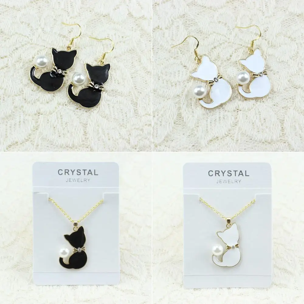 Cute Pearl Rhinestones Cat Pendant Necklaces Earrings Golden Chain Choker Necklace Women's Hook Dangle Drop Earring Jewelry Set |