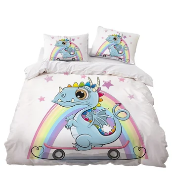

Cartoon Dinosaur Rainbow Bedding Set Bedroom Decor Bedspread Kids Gift Microfiber Hypoallergenic Zipper Duvet Cover Pillowcase