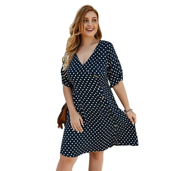 

Summer Dress 2020 Cotton Lady Short Sleeve Polka Dot Cross V Neck Buttons Mini Dress Plus Size Women Elegant Boho Party Dresses