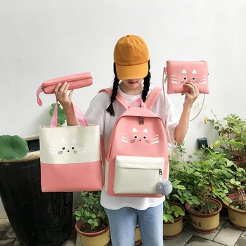

Outdoor Shopping Accessaries Supplies Hit Color Backpack 4pcs/Set Cute Cat Canvas Shoulder Crossbody Bag Pencil Case
