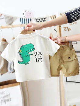 

Boy's dinosaur short-sleeved suit 2020 baby boy's lapel polo shirt children's T-shirt two-piece set t-tide