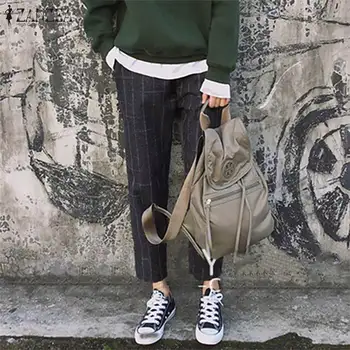 

2020 Spring Check Turnip Pants ZANZEA Vintage Plaid Work Harem Trouser Women Casual Elastic Waist Long Pantalon Female Palazzo