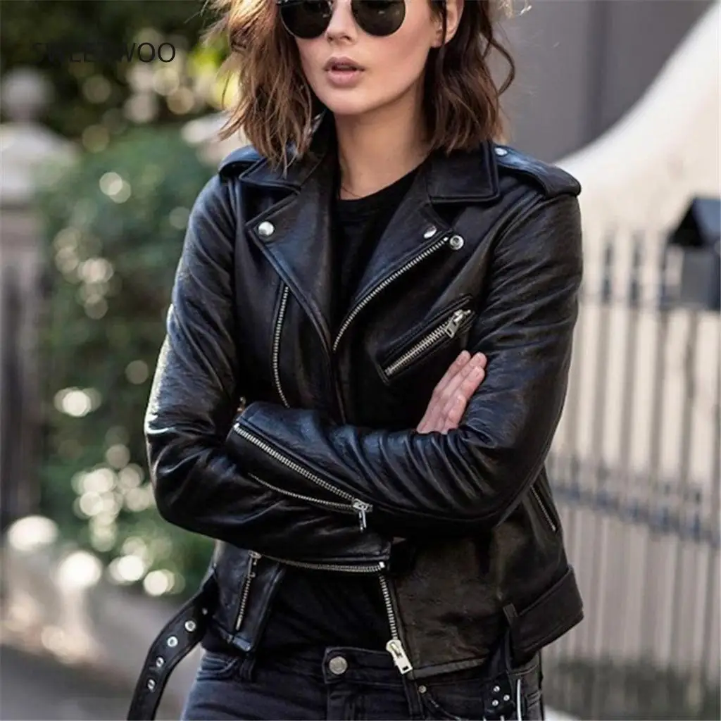 Punk Women Cool Faux Leather Jacket Long Sleeve Zipper Fitted Coat Fall Short Jacket Solid Lapel Female Moto Biker Jackets 2021