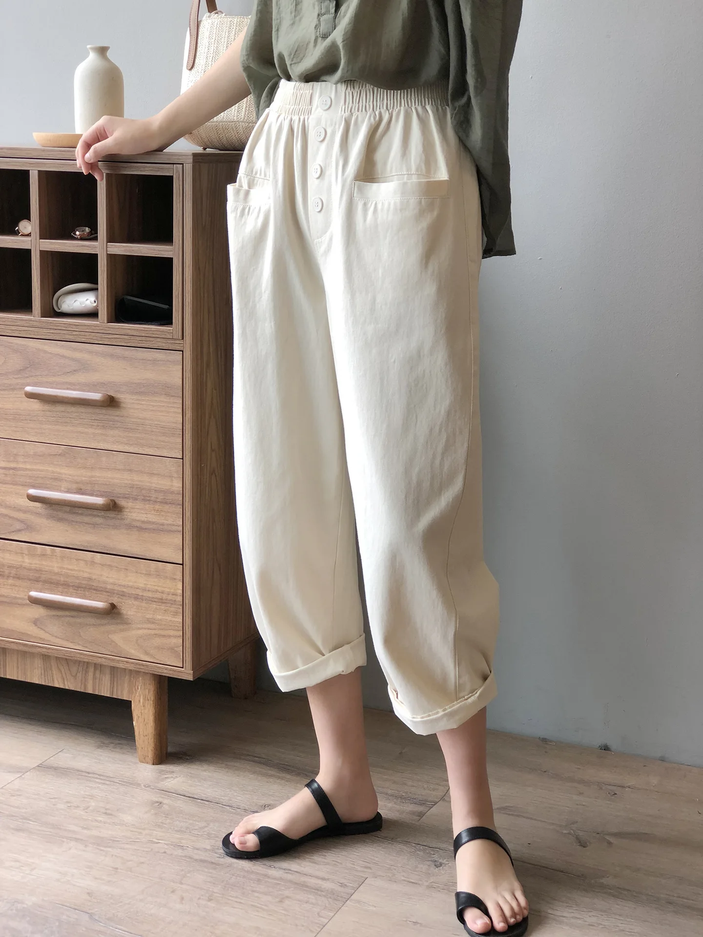 High Waist Wide Leg Pants Women 2020 Autumn New Korean Style Loose Solid Color Elastic Waist Casual Ankle-length Pants