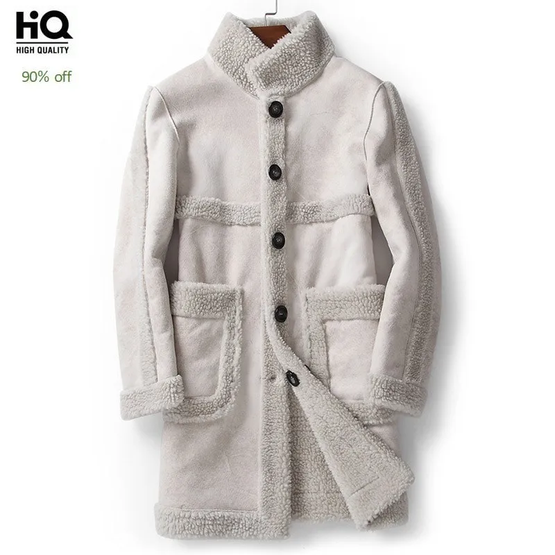 

Mens Winter Jacket Reversible Luxury Wool Shearling Long Coats Brand Stand Collar Business Natural Fur Coat Male Plus Size 5XL