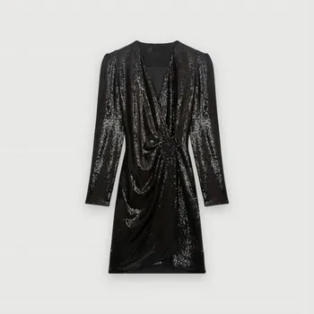 

Autumn Shiny Sequins Pleated V-neck Women knee-length Dress Waist Slim Sexy Ladies Long-sleeved Short Dress Female Clothing