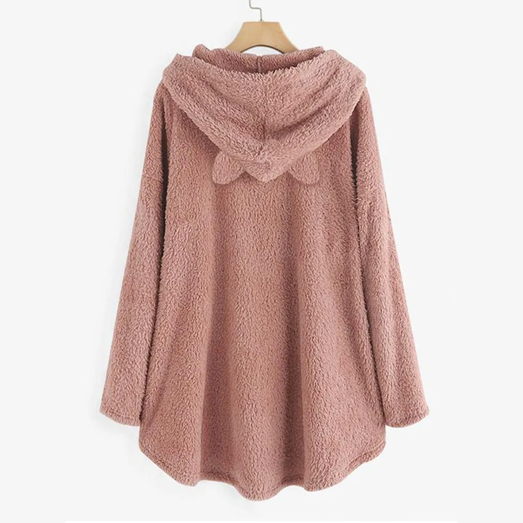 Hoodies Sweatshirt Women Cat Print Long Fleece Pullovers Warm Embroidery Kawaii Roupas Pocket Cat Ear Plus Size Oversize Hoodies