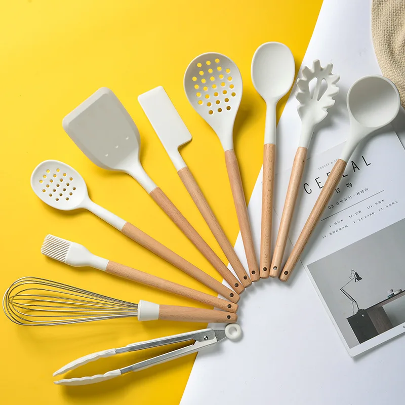 

Silicone Cooking Utensils Kitchen Utensil Set Non-stick Spatula Wooden Handle with Storage Box Kitchen Tools White