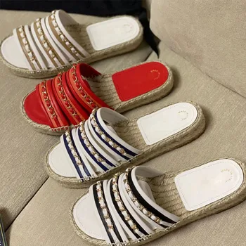 

new 2020 spring summer women slippers brand espadrilles desginer slides shoes leather flat heels Mules luxury chain Shoes woman