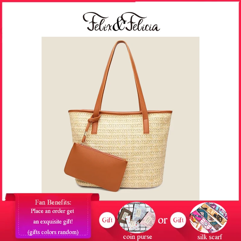 

FELIX & FELICIA, плетеная Летняя Пляжная Сумка-тоут из ротанга, повседневные сумки на плечо для женщин, Высококачественная женская дизайнерская соломенная сумка