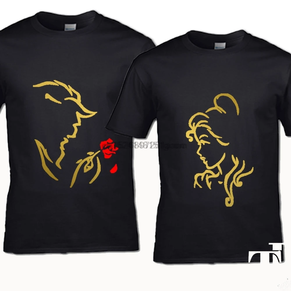 

BEAUTY AND BEAST OUTLINE GOLD T-SHIRT PARTNER WEDDING GIFT COUPLES HIS HERS Women tshirt