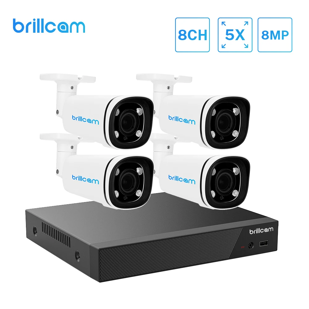 

Brillcam POE IP Kit 8CH NVR 8MP Video Recorder 4PCs 5X Zoom In Security Camera Surveillance Home Waterproof Night Vision