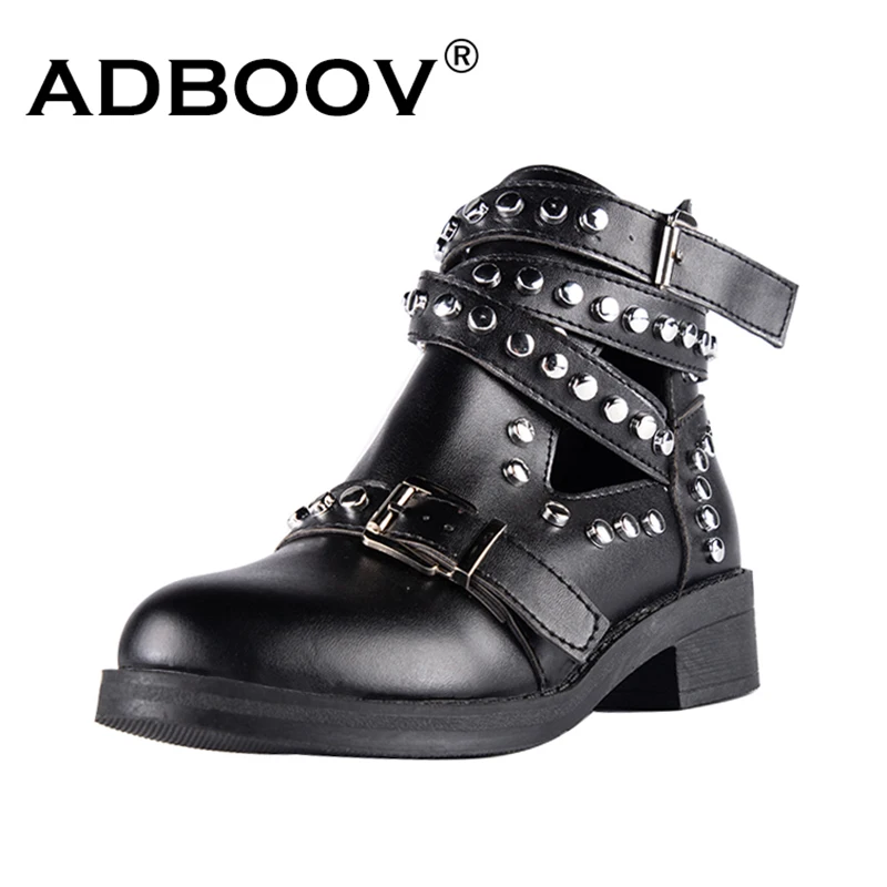 Adboov Buckle Strap Punk Boots Women Rivet Shoes Ladies Plus Size 42 43