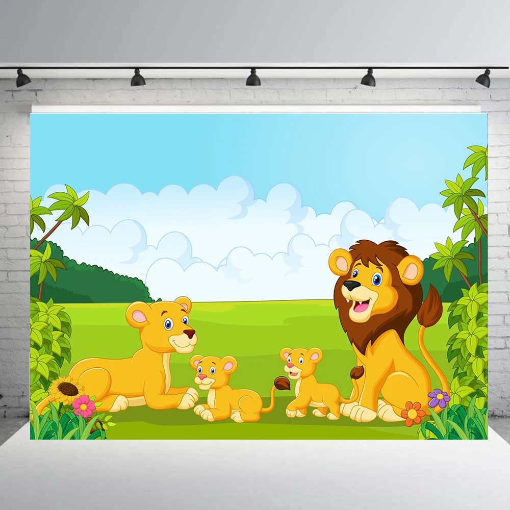 Cartoon Lion King familay Themed Backdrop Jungle Safari baby Birthday Party decor Background wild animal kid candy table banner |