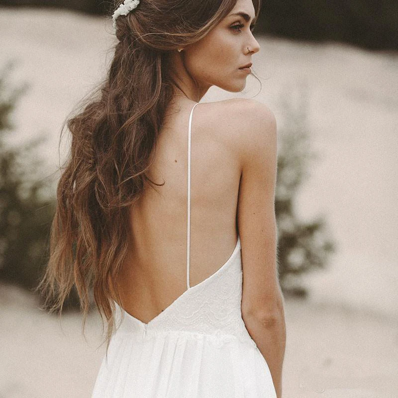 Backless Beach Wedding Dress Spaghetti Strap Boho V Neck Open Back bridal dresses 2020 Chiffon High Split Lace top Wedding Gown (1)