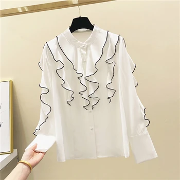 

Ruffle Stand-Collar Chiffon Shirt Women's Spring Autumn Long Sleeve Korean Style Blouses Tops Stripe Lotus Blouse Blusa Feminina
