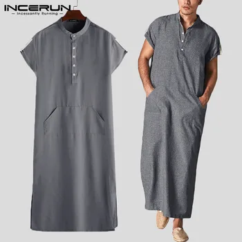 

Fashion Men Islamic Arabic Kaftan Stand Collar Short SLeeve Pockets Robes Middle East Abaya Men Muslim Jubba Thobe INCERUN S-5XL