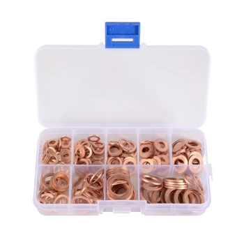 

200 Pcs M5-M14 Copper Gasket Washer Gasket Nut and Bolt Set Flat Ring Seal Assortment Kit with Box O-ring Combination