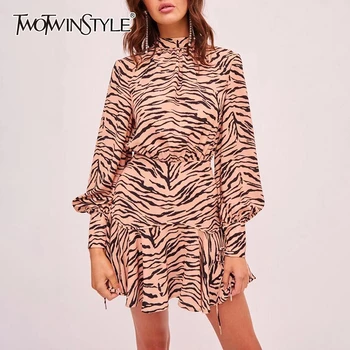 

TWOTWINSTYLE Striped Ruffle Lace Up Dresses For Women Turtleneck Lantern Long Sleeve Mini Dress Female Fashion 2020 Clothing New