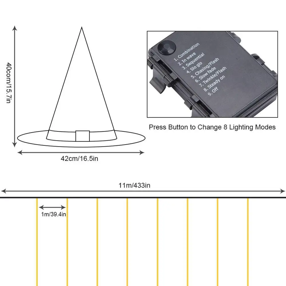 Хэллоуин украшения открытый 8 шт подвесные светильники светящиеся ведьма шляпа украшения 36ft лампочки для Хэллоуина гирлянда с батарейками