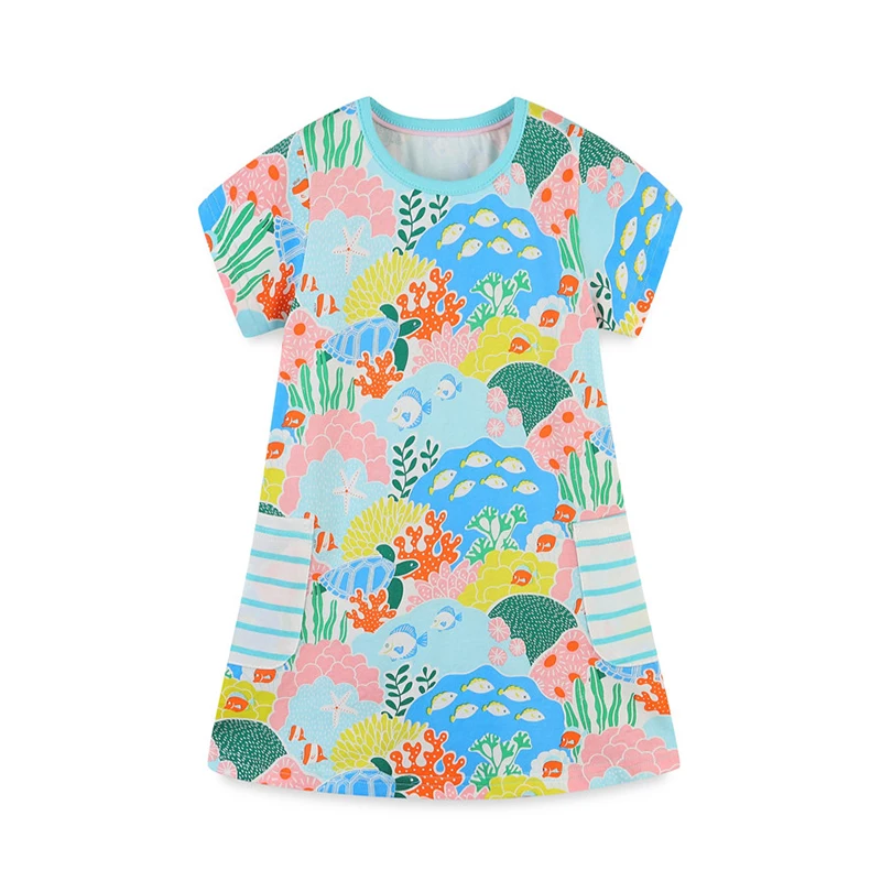 Jumping Meters Summer Girls Dresses With Turtle Embroidery Cotton Kids Clothes Animals Applique Hot Selling Toddler Frocks linen dress