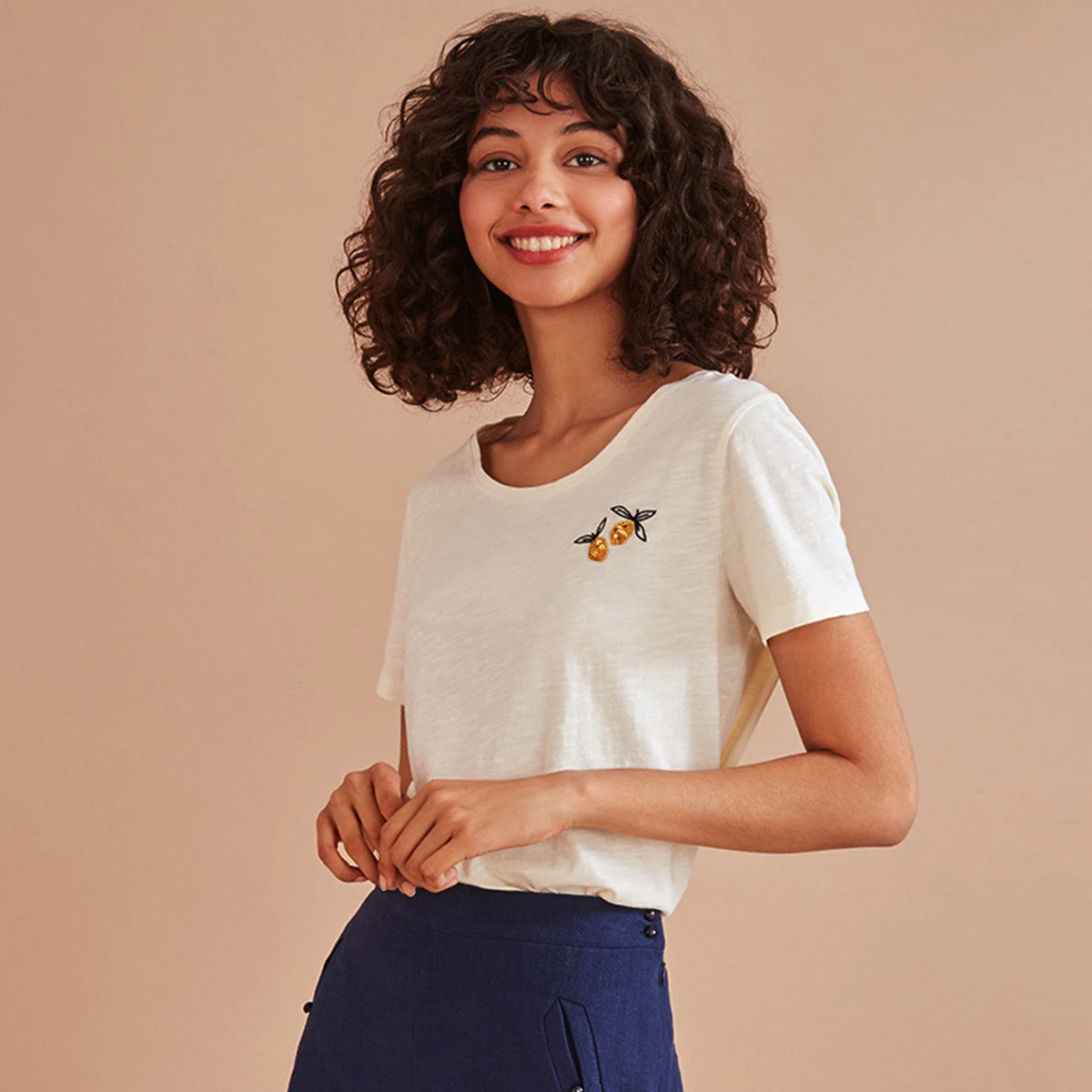 Lemons Embroidery T Shirt Women Summer Short