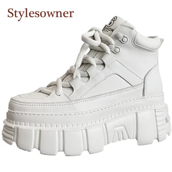 

Thick-soled Platform White Sneakers Fashion Genuine Leather Height Increasing Lace-Up Solid Sports Shoes 2021 New Arrivial Shoes