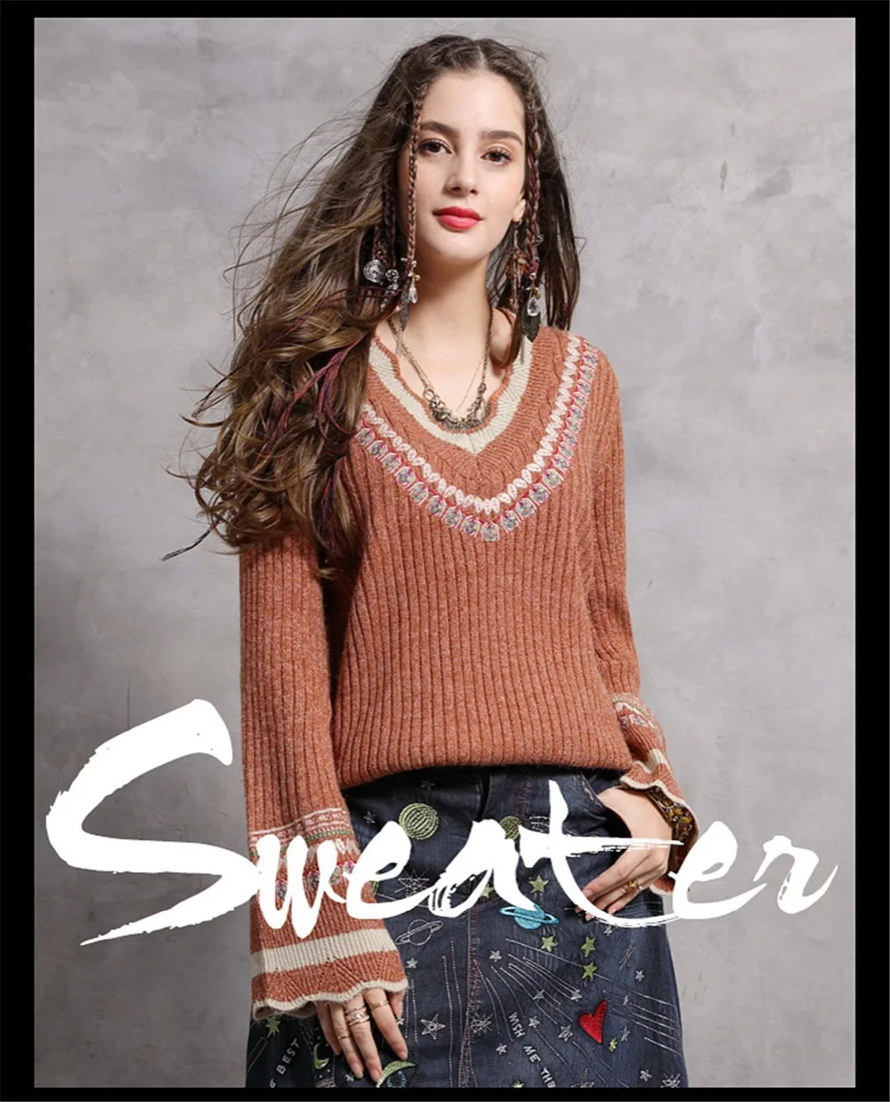 Spring Women Embroidery Loose Sweater 2020 Knitting Cotton Wool Pullover Flare Sleeve V neck Christmas bottoming Sweaters 9268 (1)