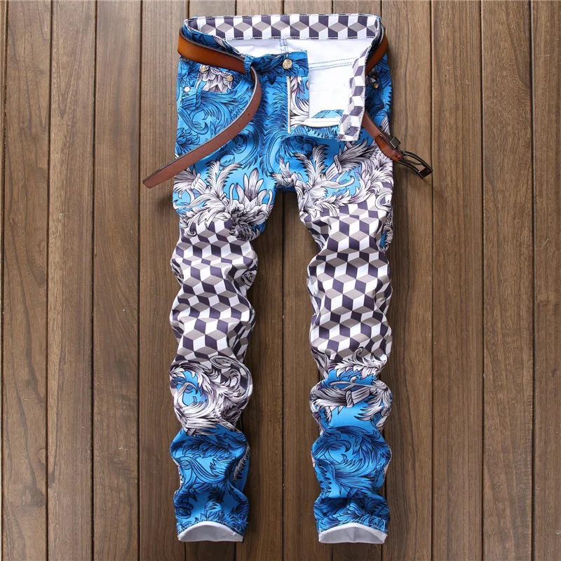 

New arrive men's slim blue pants high quality colorful print street fashion pants Korean stylish sexy casual jeans men;