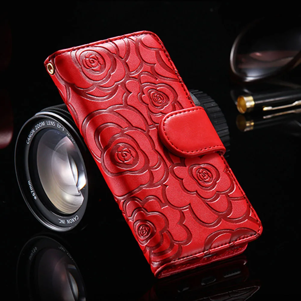 Кожаный чехол-книжка с тиснением камелии для iPhone XS Max, XR, X, 8, 7, 6S Plus, 5S, SE, цветочный кошелек, чехол-книжка из искусственной кожи для телефона Etui - Цвет: red