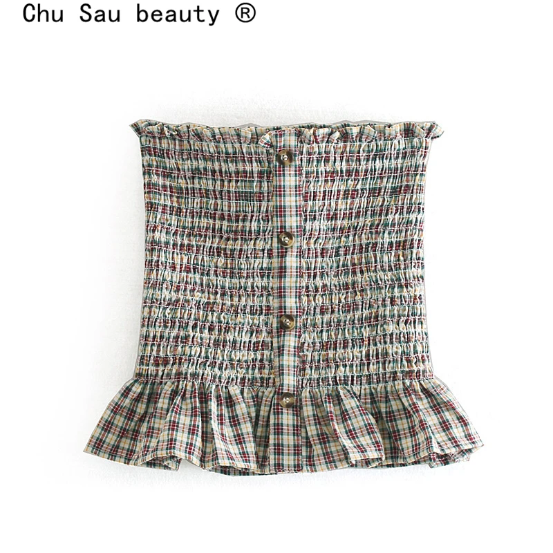 Chu Sau beauty New Fashion Casual Plaid Print Tube Top Women Sexy Chic Sleeveless Shirts Elastic Bust Ruffle Strapless Tops | Женская