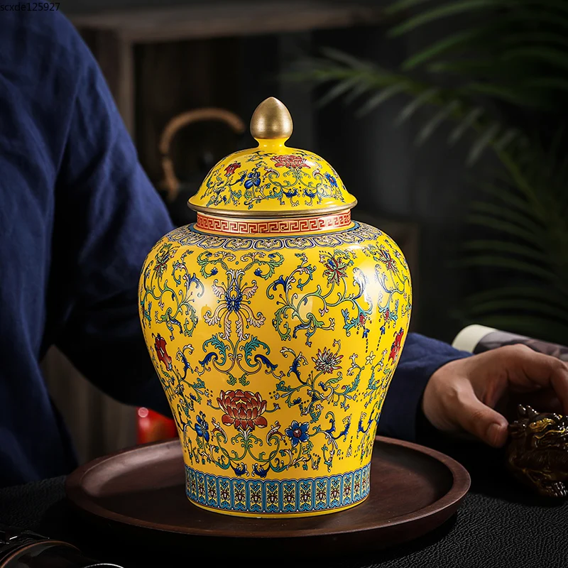 

Creative Painted Flower Ceramic Tea Caddy Art Flower Vase Large-capacity Sealed Storage Jar with Lid Countertop Porch Decoration