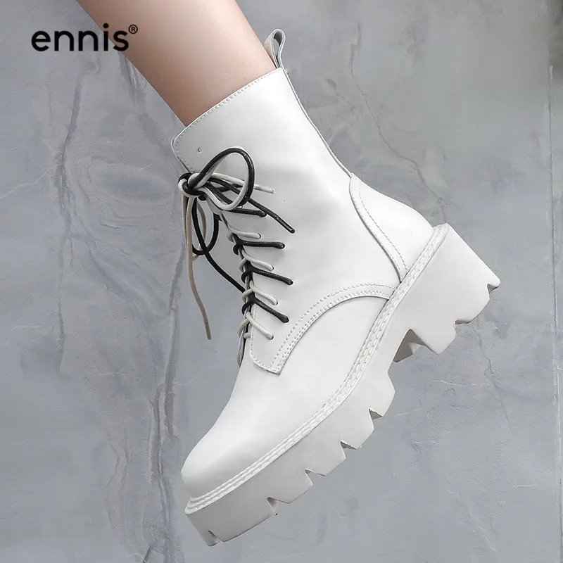

ENNIS Motorcycle Martin Boots Genuine Leather Platform Boots Women Lace Up Ankle Boots Big Size Black Shoes Winter Autumn A0068