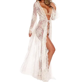 

JAYCOSIN Delicate Fashion Women Sexy Long Dress Sheer Gown See Through Lingerie Cardigan Lace Nightwear Comfortable Sleepwear