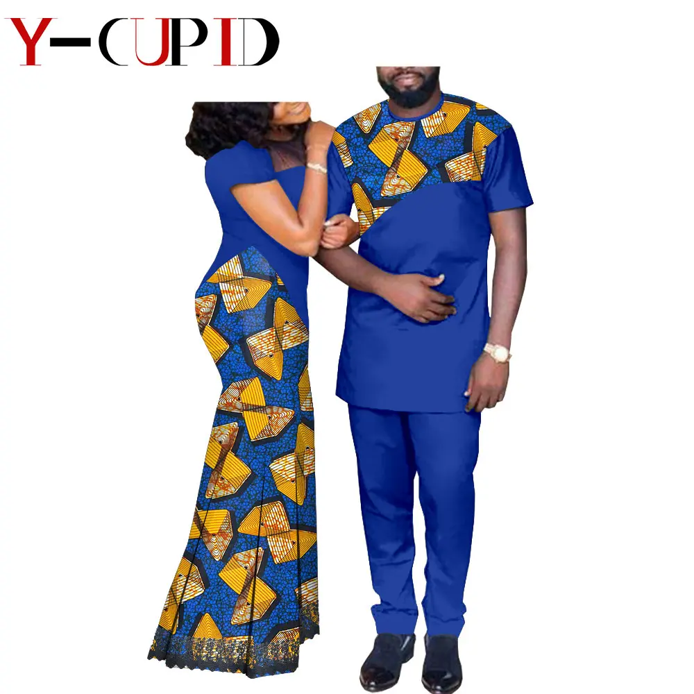 African Couples Clothes Bazin Riche Women Lace Long Dress And Bazin Riche Men Top And Pants Sets African Print Clothing A20C003
