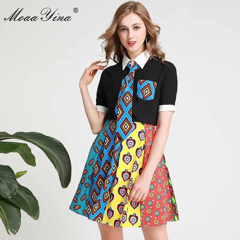 

MoaaYina Fashion Designer Runway Suit Spring Women Turn-down Collar Tie Short sleeve Shirt Tops+Plaid Print Skirt Two-piece set