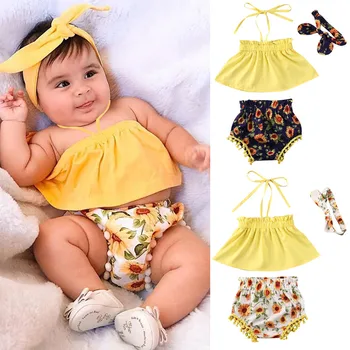 

New Summer 3Pcs Newborn Outfits Infant Baby Girl Clothes Off Shoulder Yellow Tops Sunflower Print Shorts Headband Baby Clothing