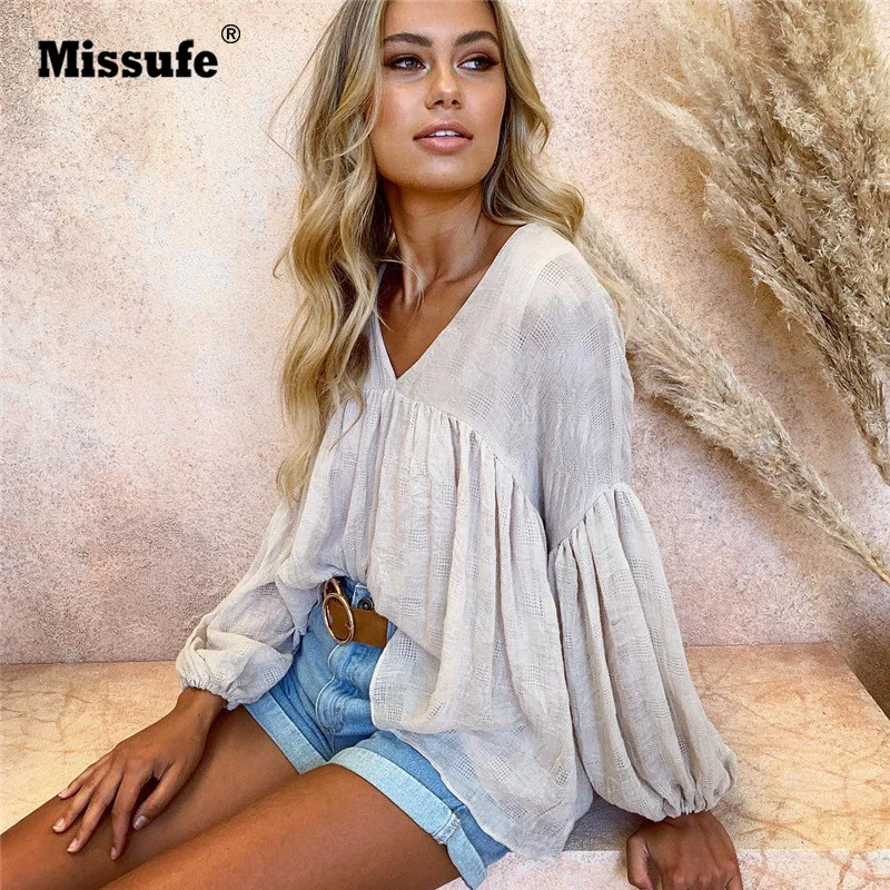 

Missufe Autumn V-neck Casual Tops Shirts Ruffle Blouses Women's Sexy Blusas Loose Cotton Linen Puff Sleeve Top Female Streetwear