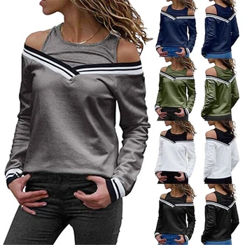 

Women Long Sleeve T-shirts Off Shoulder Slim Striped Tops Autumn Casual O-Neck Hollow T-Shirt