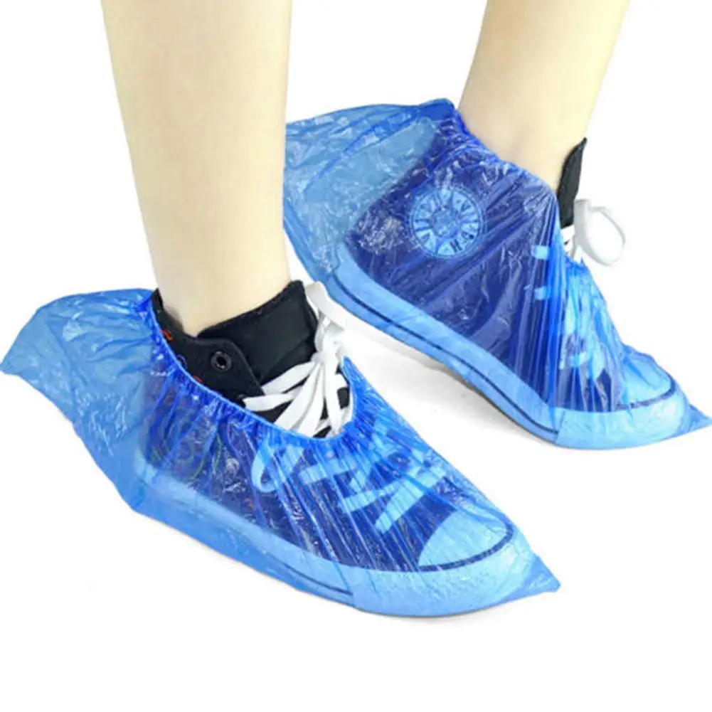 100*Disposable Plastic Blue Waterproof Shoe Covers Cleaning Overshoes Protective