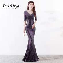 Вечерние платья Сексуальные блестками V-образным вырезом Половина рукава It's Yiiya, Платья для вечеринок Королевский зеленый розовый, платье выпускного вечера Спина на молнии назад,C173,лето