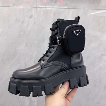 

Autumn Winter Bootie Pocket Buckle Strap Motorcycle Bota Shiny Leather Patchwork Hot New Arrival Boots Flat Platform Botas Mujer