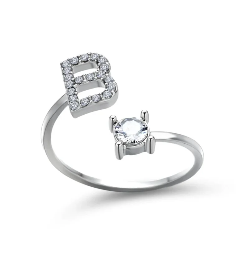 YLWHJJ brand Silver Color Alloy Round Rhinestone Mosaic 26 Letter Irregular Adjustable Opening Ring For Women Fashion Jewelry