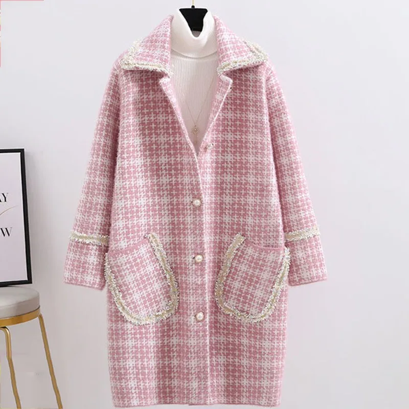 

Faux Mink Fur Long Loose Winter Wool Coat Women Loose Knitted Cardigan Plaid Woolen Female Overcoat Manteau Femme Hiver Cape