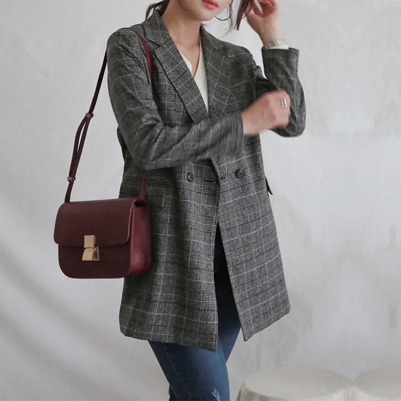 

2019 Autumn New Thousands of Birds Commuting Double Breasted Casual Plaid Suit Retro Small Suit Coat Women's