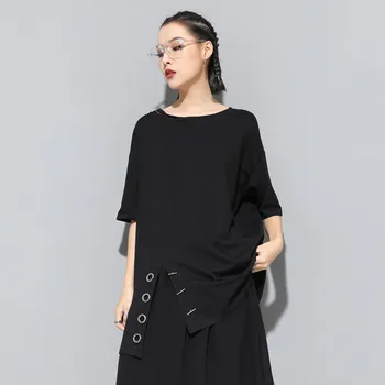 

2020 New Summer Women Casual Loose Short Sleeve Black Side Splits Irregular T-shirt Top Fashion Tees Oversize Streetwear WT30
